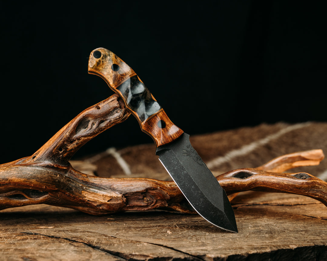 Disaster Cub- Desert Ironwood, Natural Canvas Micarta and Dyed Box Elder Split, Teak, CF Pins, Textured Grip