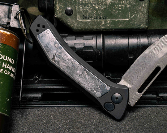 Custom Kwaiken Folder- Vegas Forge Herringbone Damascus- Meteorite Inlay- Anodized Black Handle, Smooth Grip, Deep Carry Pocket Clip