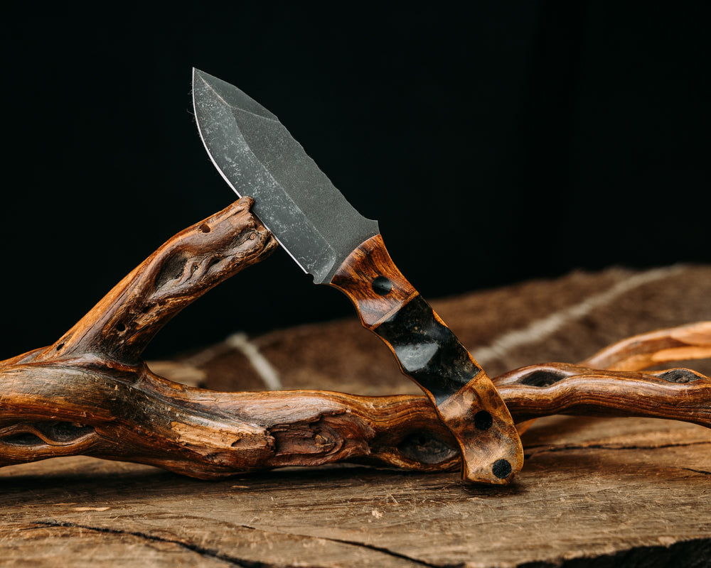 Disaster Cub- Desert Ironwood, Natural Canvas Micarta and Dyed Box Elder Split, Teak, CF Pins, Textured Grip