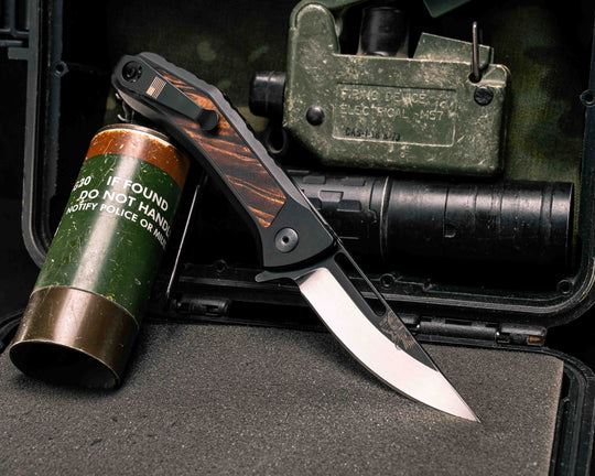 Custom Kwaiken Folder- Hawaiian Curly Koa, Anodized Black Handle, Satin Finished Bevel, Smooth Grip, Deep Carry Pocket Clip