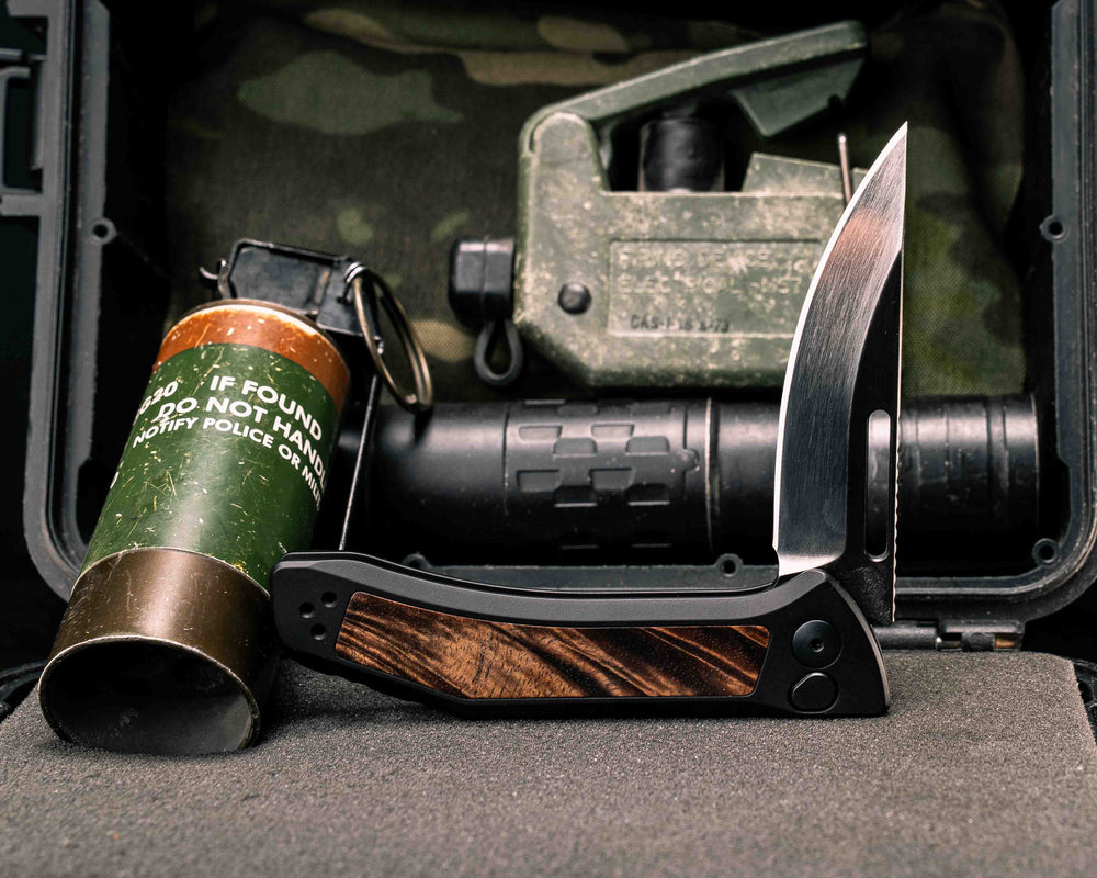 Custom Kwaiken Folder- Hawaiian Curly Koa, Anodized Black Handle, Satin Finished Bevel, Smooth Grip, Deep Carry Pocket Clip