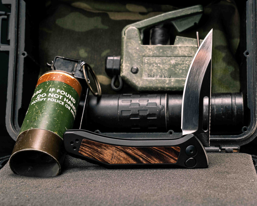 Custom Kwaiken Folder- Hawaiian Curly Koa, Anodized Black Handle, Satin Finished Bevel, Smooth Grip, Deep Carry Pocket Clip
