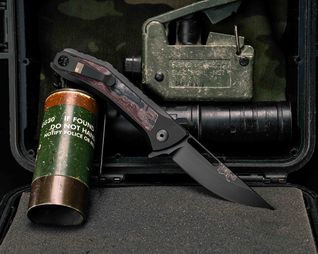 Custom Kwaiken Folder - American Flag Micarta, Anodized Black Handle, Black Nitride Blade, Textured Grip, Deep Carry Pocket Clip
