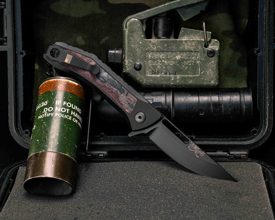 Custom Kwaiken Folder - American Flag Micarta, Anodized Black Handle, Black Nitride Blade, Textured Grip, Deep Carry Pocket Clip
