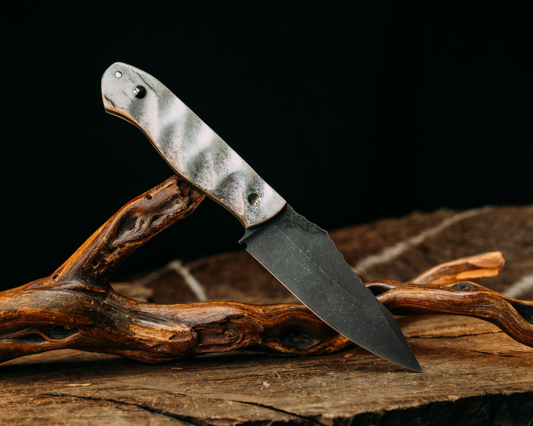 Field Knife- Elk Antler, Mosaic Pins, 1/8" Brass Pin, Textured Grip