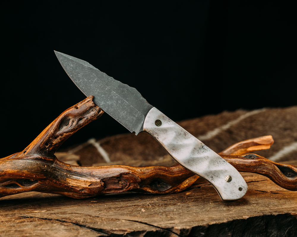 Field Knife- Elk Antler, Mosaic Pins, 1/8" Brass Pin, Textured Grip