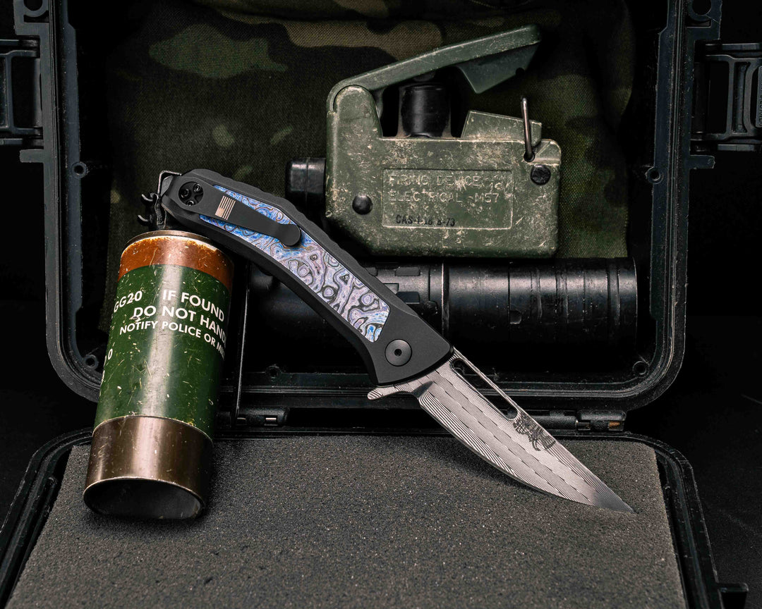 Custom Kwaiken Folder- Vegas Forge Herringbone Damascus- Alpha Moire Timascus Black- Anodized Black Handle, Smooth Grip, Deep Carry Pocket Clip