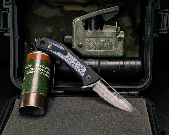 Custom Kwaiken Folder- Vegas Forge Herringbone Damascus- Alpha Moire Timascus Black- Anodized Black Handle, Smooth Grip, Deep Carry Pocket Clip