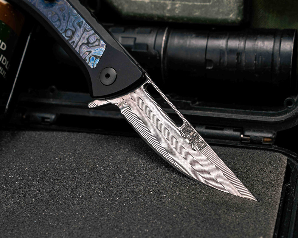 Custom Kwaiken Folder- Vegas Forge Herringbone Damascus- Alpha Moire Timascus Black- Anodized Black Handle, Smooth Grip, Deep Carry Pocket Clip