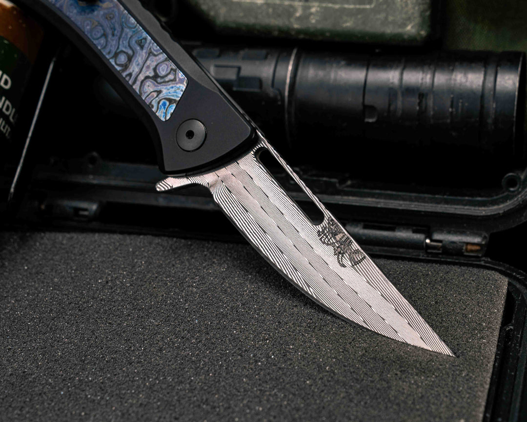 Custom Kwaiken Folder- Vegas Forge Herringbone Damascus- Alpha Moire Timascus Black- Anodized Black Handle, Smooth Grip, Deep Carry Pocket Clip