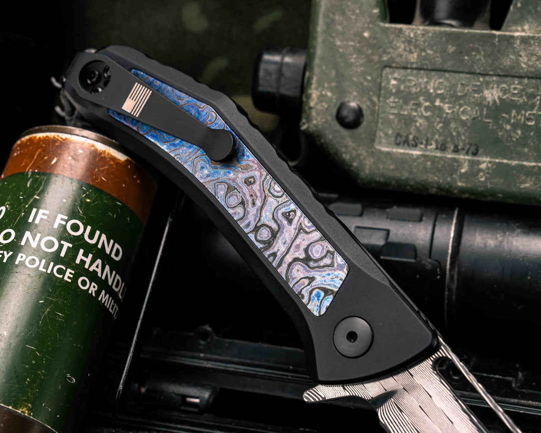 Custom Kwaiken Folder- Vegas Forge Herringbone Damascus- Alpha Moire Timascus Black- Anodized Black Handle, Smooth Grip, Deep Carry Pocket Clip