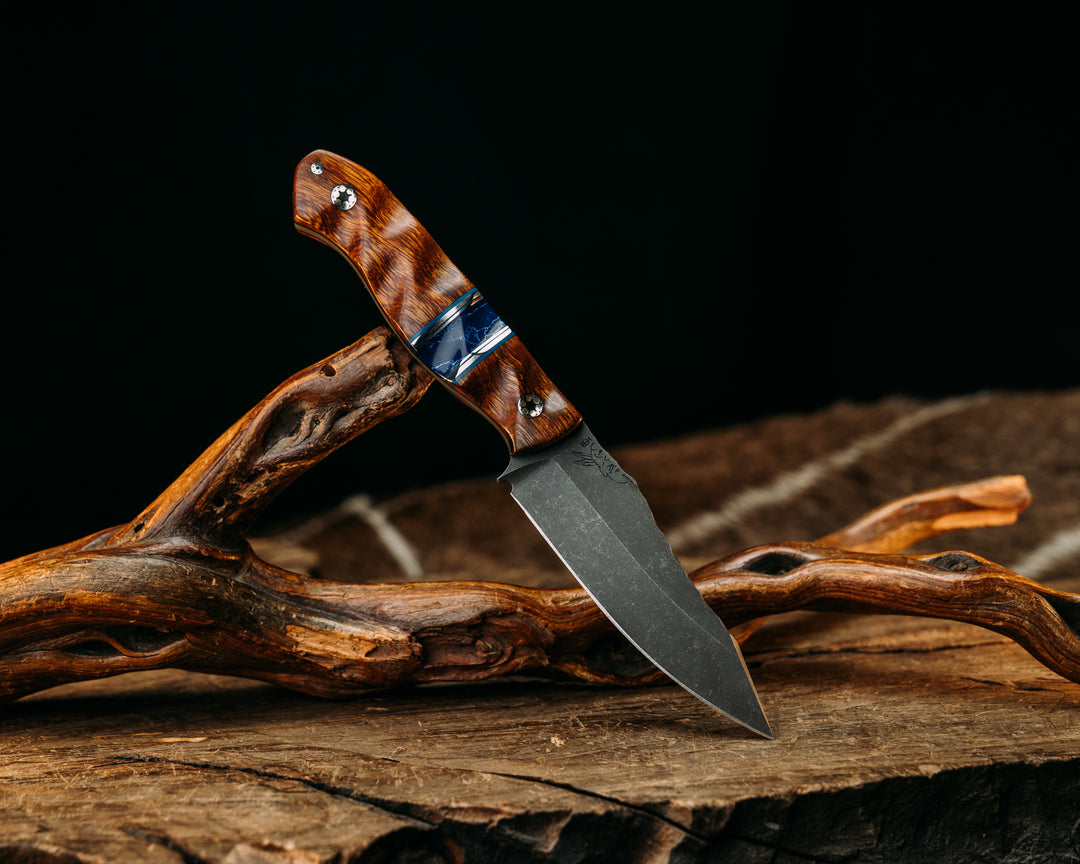 Field Knife Jr- Desert Ironwood, Blue G10 and Aluminum Pin Striping, Sodalite Tru-stone Split, Mosaic Pins, 1/8" Mosaic Pin, Textured Grip