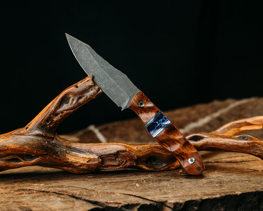 Field Knife Jr- Desert Ironwood, Blue G10 and Aluminum Pin Striping, Sodalite Tru-stone Split, Mosaic Pins, 1/8" Mosaic Pin, Textured Grip