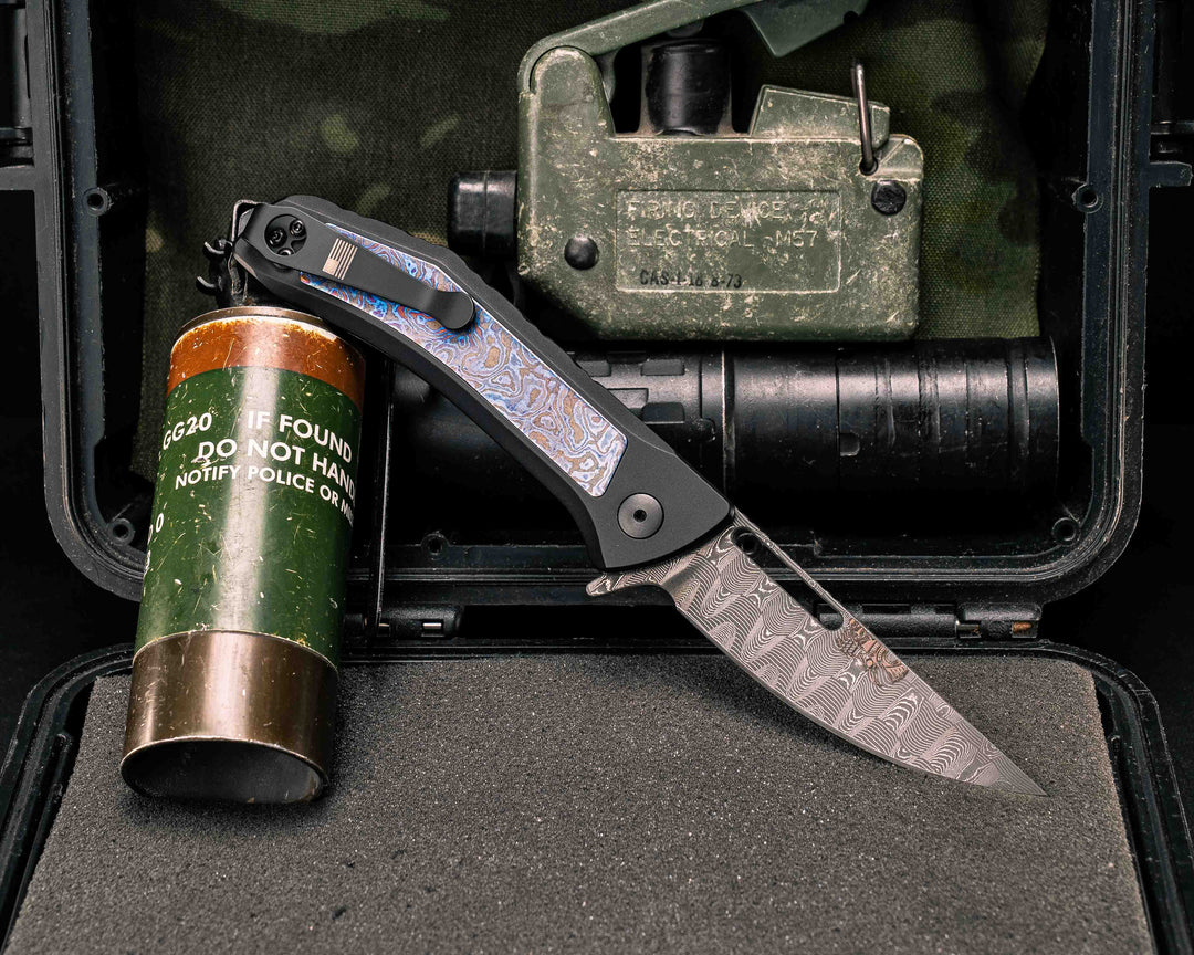 Custom Kwaiken Folder- Vegas Forge Basketweave Damascus- Alpha Moire Timascus Black- Anodized Black Handle, Smooth Grip, Deep Carry Pocket Clip