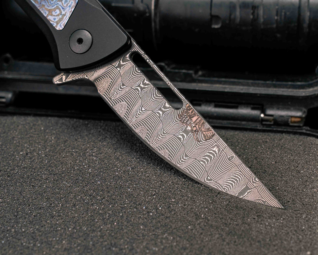 Custom Kwaiken Folder- Vegas Forge Basketweave Damascus- Alpha Moire Timascus Black- Anodized Black Handle, Smooth Grip, Deep Carry Pocket Clip
