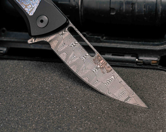 Custom Kwaiken Folder- Vegas Forge Basketweave Damascus- Alpha Moire Timascus Black- Anodized Black Handle, Smooth Grip, Deep Carry Pocket Clip