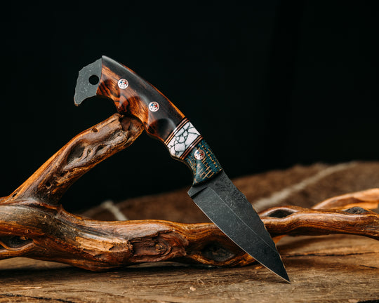 3" HUMINT- Kamari Burlap Micarta, Black G10 and Copper Pin Striping, White with Black Web Tru-stone Split, Desert Ironwood, Copper Patriot Mosaic Pins, Textured Grip