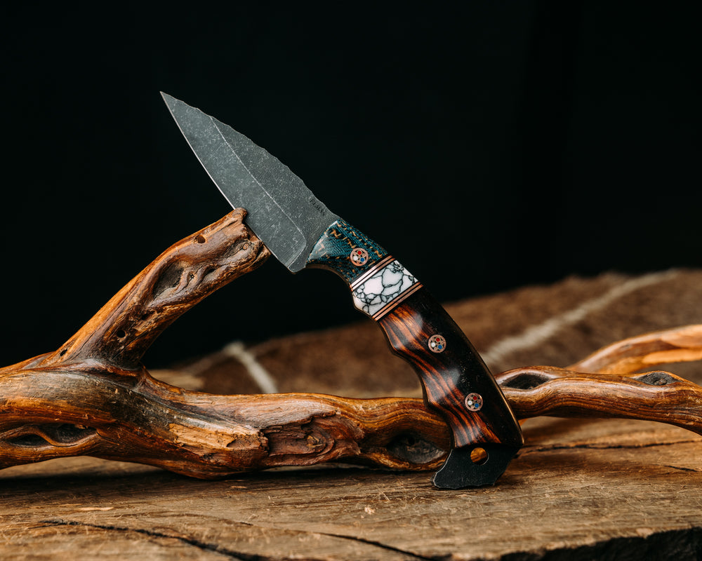 3" HUMINT- Kamari Burlap Micarta, Black G10 and Copper Pin Striping, White with Black Web Tru-stone Split, Desert Ironwood, Copper Patriot Mosaic Pins, Textured Grip