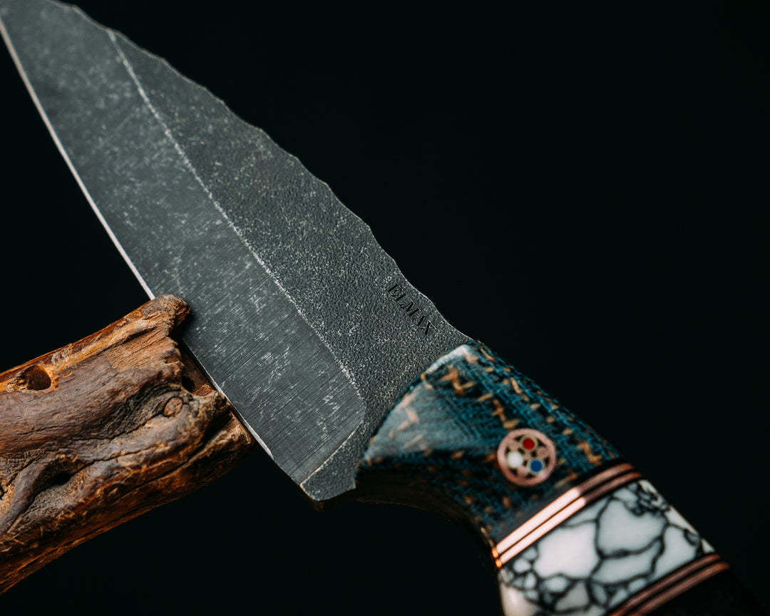 3" HUMINT- Kamari Burlap Micarta, Black G10 and Copper Pin Striping, White with Black Web Tru-stone Split, Desert Ironwood, Copper Patriot Mosaic Pins, Textured Grip