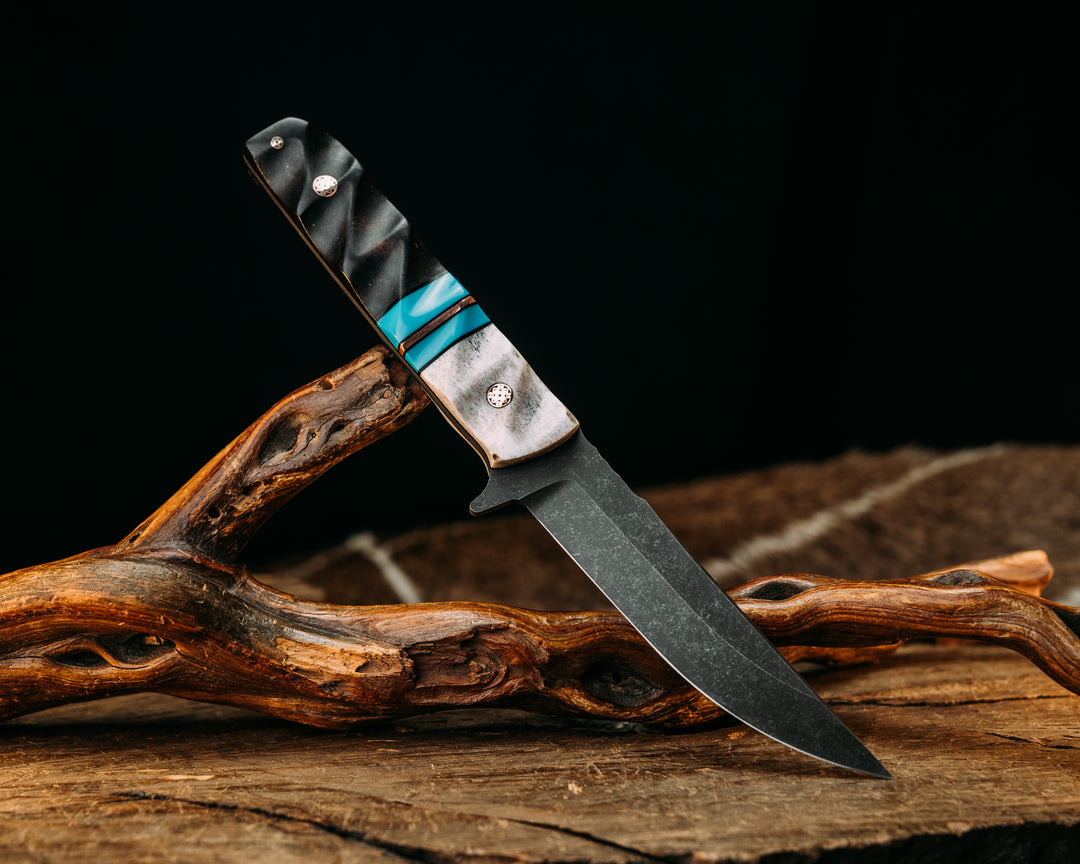 Kwaiken FC- Elk Antler, Black G10 Pin Striping, Turquoise Tru-stone and Copper Split, Desert Ironwood, Mosaic Pins, Textured Grip