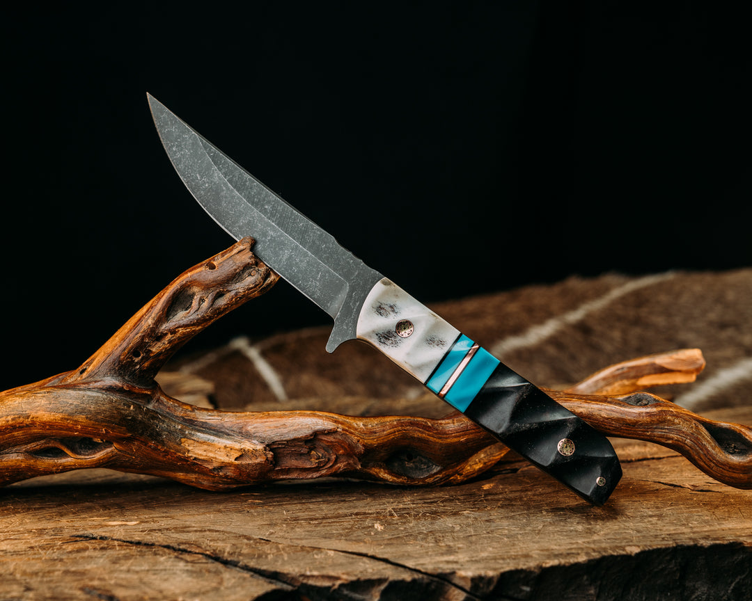 Kwaiken FC- Elk Antler, Black G10 Pin Striping, Turquoise Tru-stone and Copper Split, Desert Ironwood, Mosaic Pins, Textured Grip
