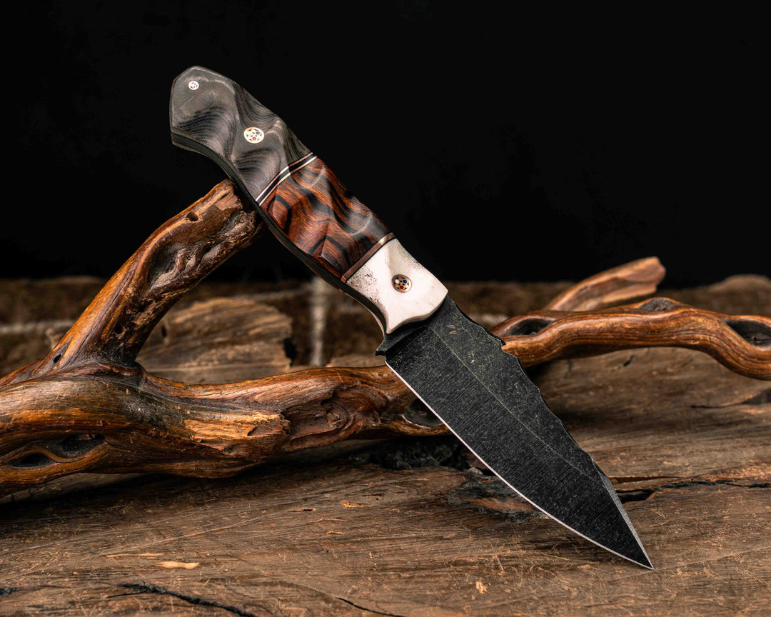 Notched Field Knife- Elk Antler, Copper and Black G10 Pin Striping, Desert Ironwood Split, Navy Seal AOR1 Cammie Micarta, Copper Patriot Mosaic Pins, Textured Grip