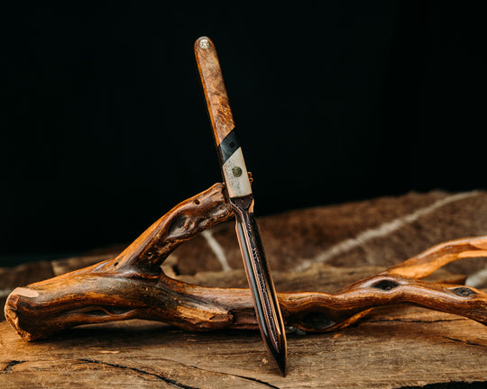 OSS Spike- Baker Forge Raindrop CopperMai- Elk Antler, Dyed Maple Split, Amboyna Burl, Brass Mosaic Pins, Smooth Grip