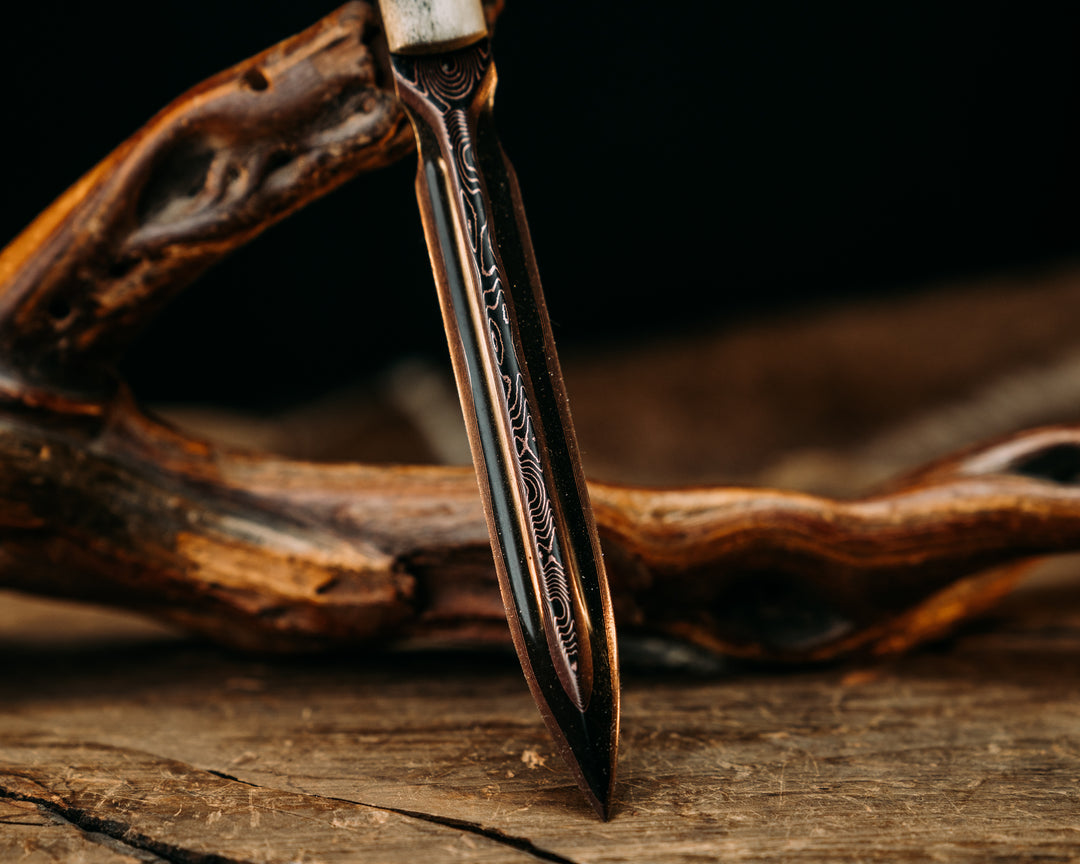 OSS Spike- Baker Forge Raindrop CopperMai- Elk Antler, Dyed Maple Split, Amboyna Burl, Brass Mosaic Pins, Smooth Grip