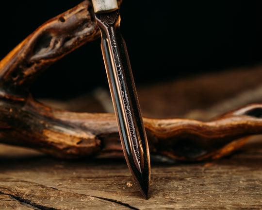 OSS Spike- Baker Forge Raindrop CopperMai- Elk Antler, Dyed Maple Split, Amboyna Burl, Brass Mosaic Pins, Smooth Grip