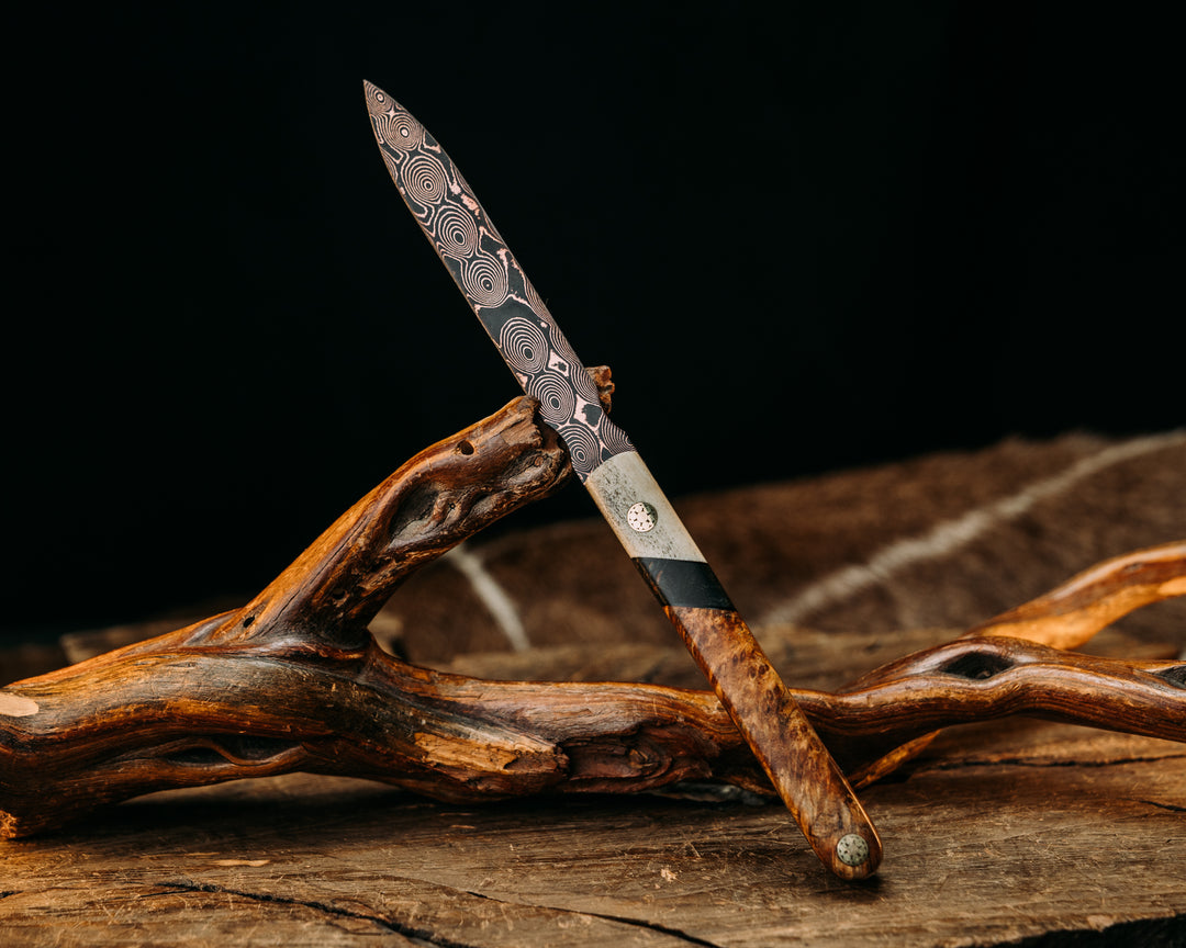 OSS Spike- Baker Forge Raindrop CopperMai- Elk Antler, Dyed Maple Split, Amboyna Burl, Brass Mosaic Pins, Smooth Grip