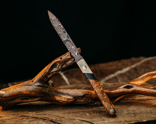 OSS Spike- Baker Forge Raindrop CopperMai- Elk Antler, Dyed Maple Split, Amboyna Burl, Brass Mosaic Pins, Smooth Grip