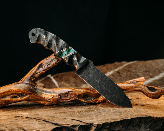 Disaster Breacher- African Blackwood, Brass and Black G10 Pin Striping, Arizona Jade Tru-stone Split, Dyed Black Ash Burl, Brass Mosaic Pins, Textured Grip