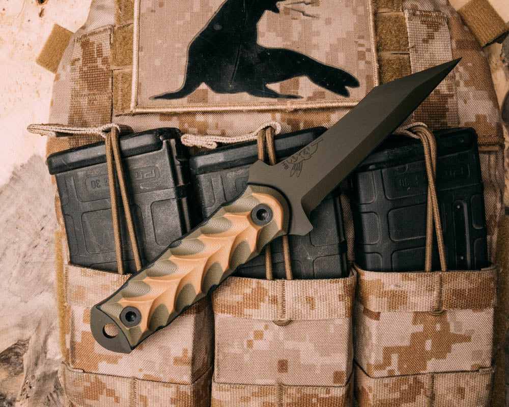 Combat Dirt Nap, coyote, black and OD green layered G10, OD green cerakote, allen bolts, iron grip