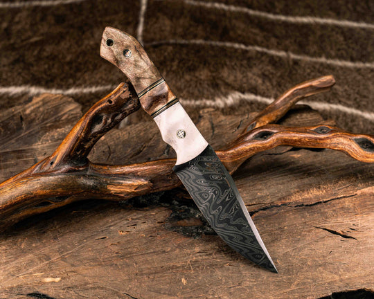 Red Crow- Vegas Forge Wood Grain Pattern Damascus- CO Elk Antler, Black G10 and Brass Pin Striping, Spalted Maple Split, Spalted Maple, Mosaic Pins, Brass Lanyard Pin, Textured Grip