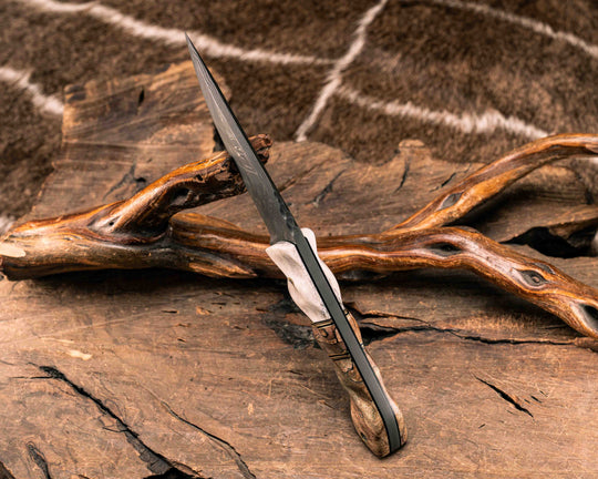 Red Crow- Vegas Forge Wood Grain Pattern Damascus- CO Elk Antler, Black G10 and Brass Pin Striping, Spalted Maple Split, Spalted Maple, Mosaic Pins, Brass Lanyard Pin, Textured Grip