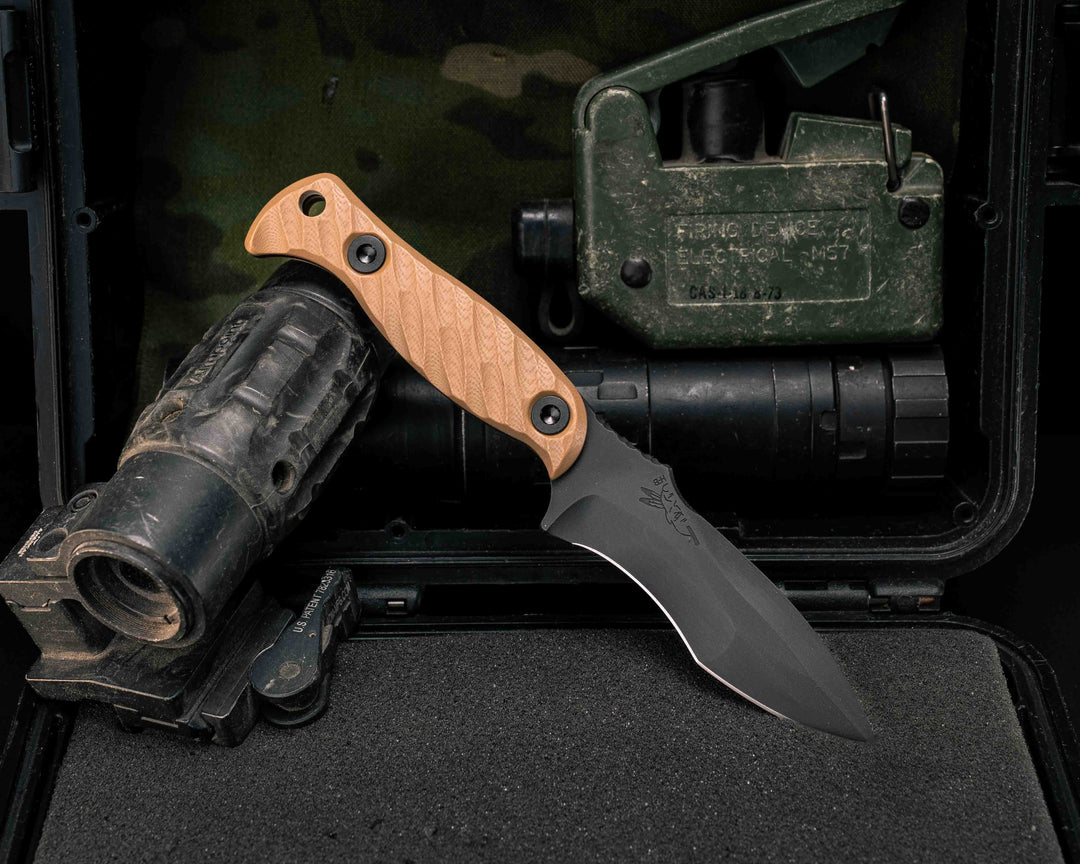 Extremis MK1 - Coyote G10, Armor Black Cerakote, Allen Bolts, Hollow Lanyard Hole, Textured Grip