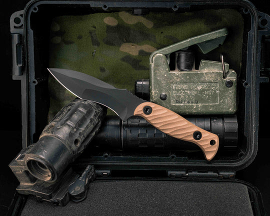 Extremis MK1 - Coyote G10, Armor Black Cerakote, Allen Bolts, Hollow Lanyard Hole, Textured Grip