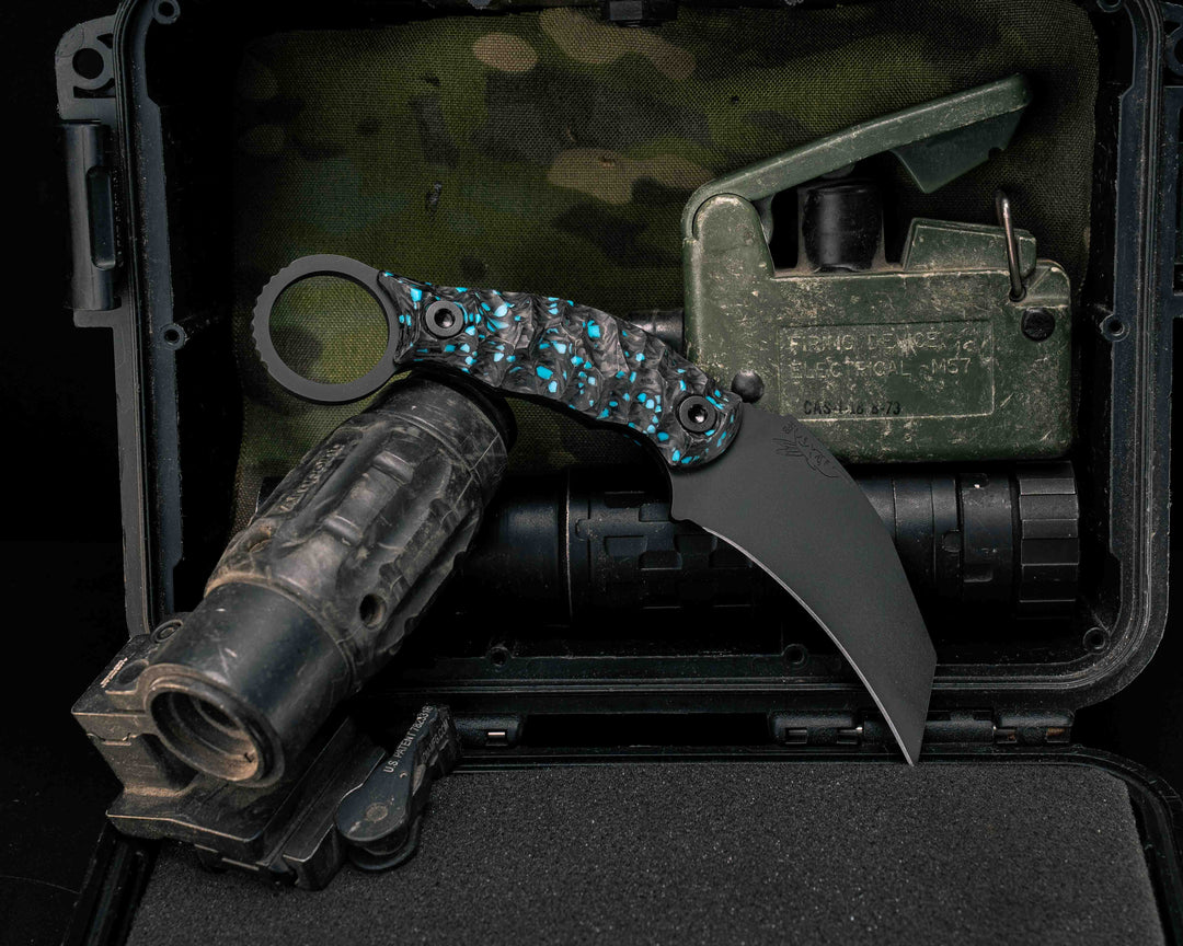 Karambito- Turquoise Rocky Wave Carbon, Armor Black Cerakote, Allen Bolts, Textured Grip