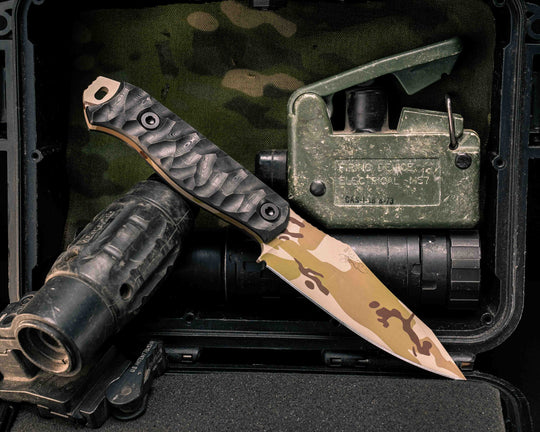 Field Knife- Black Dunes Carbon, Arid Multicam Cerakote, Allen Bolts, Textured Grip