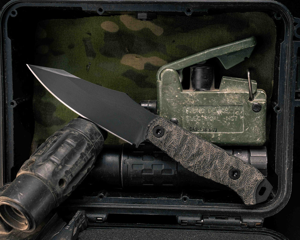 Field Knife- Black Canvas Micarta, Armor Black Cerakote, Allen Bolts, Textured Grip