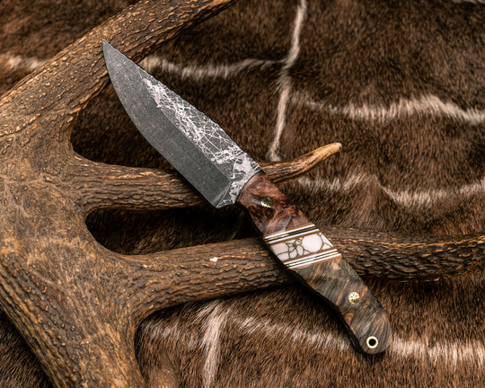 Crow Jr- Redwood Burl, Coyote G10, White G10, Black G10 and Brass Pin Striping, White with Gold Web Tru-stone Split, Dyed Maple, Mosaic Pins, Brass Lanyard Pin, Textured Grip