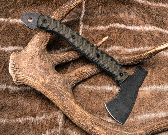 Camp Hatchet- OD Green/Black Canvas Micarta, Allen Bolts, Textured Grip