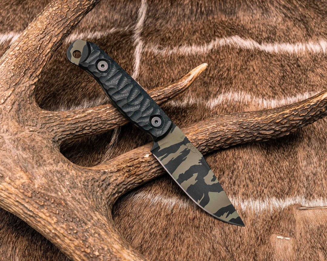 Crow Scalper- Black G10, Tiger Stripe Cerakote, Allen Bolts, Textured Grip