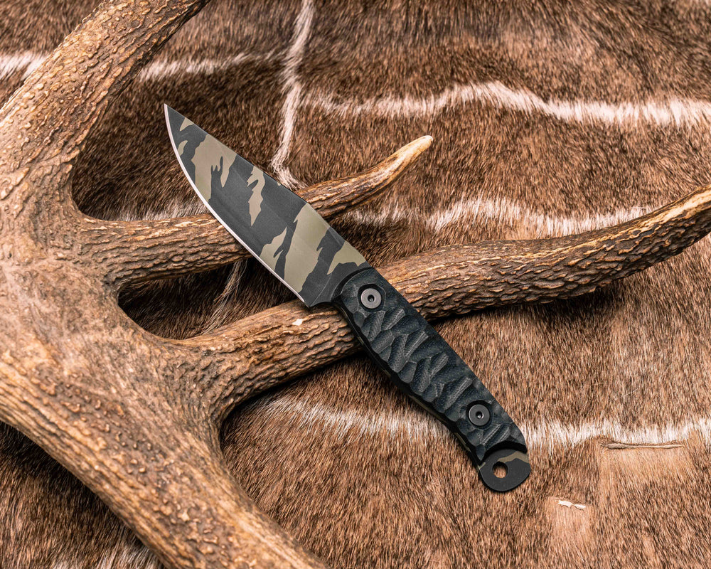 Crow Scalper- Black G10, Tiger Stripe Cerakote, Allen Bolts, Textured Grip