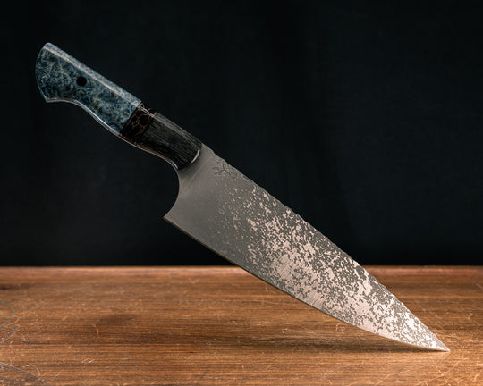 Chef Blade- Ancient Bog Oak, Black G10 and Copper Pin Striping, Black with Copper Web Tru-stone Split, Dyed Maple, CF Pins, Smooth Grip