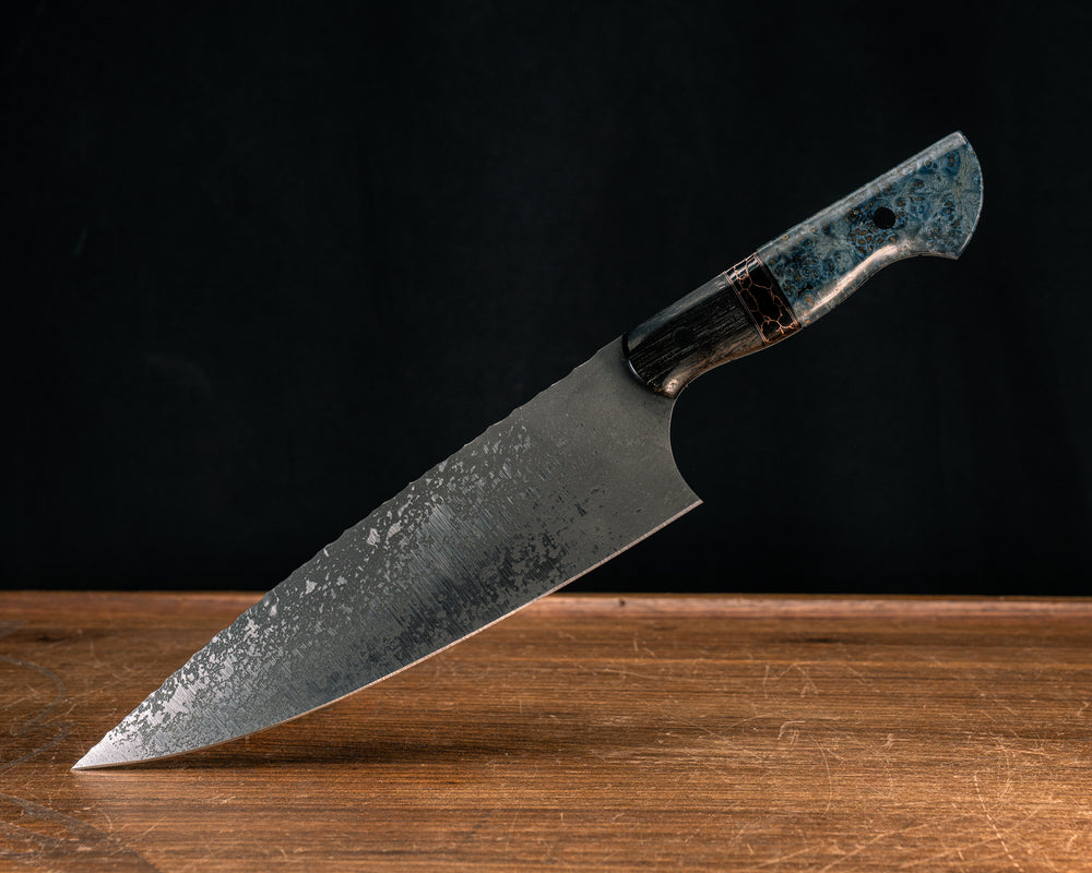 Chef Blade- Ancient Bog Oak, Black G10 and Copper Pin Striping, Black with Copper Web Tru-stone Split, Dyed Maple, CF Pins, Smooth Grip