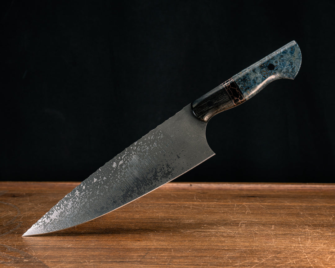 Chef Blade- Ancient Bog Oak, Black G10 and Copper Pin Striping, Black with Copper Web Tru-stone Split, Dyed Maple, CF Pins, Smooth Grip