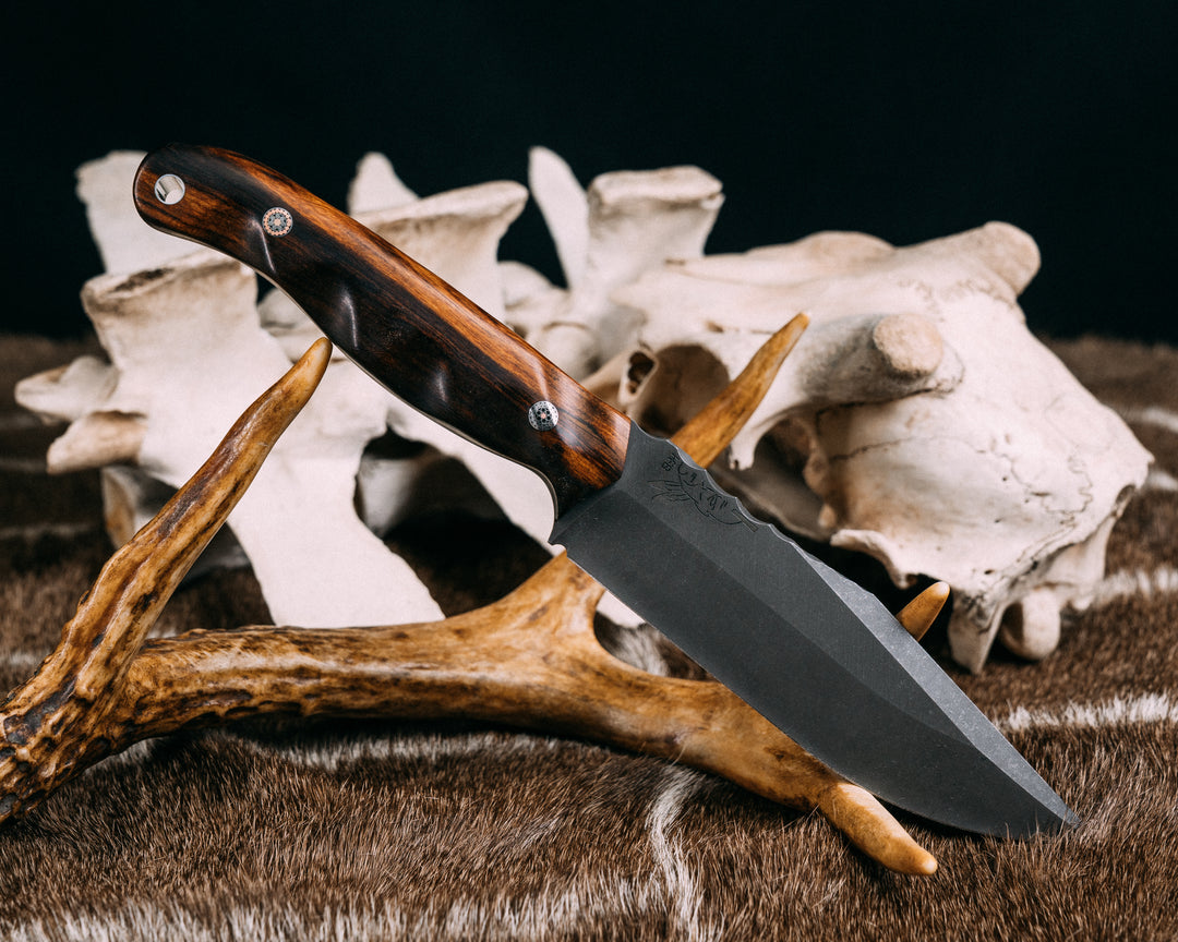 Crow Scout Drop Point- Desert Ironwood, Mosaic Pins, Silver Lanyard Pin, Grooved Grip