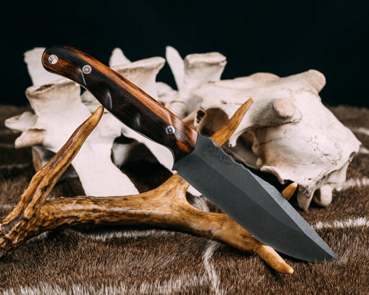 Crow Scout Drop Point- Desert Ironwood, Mosaic Pins, Silver Lanyard Pin, Grooved Grip