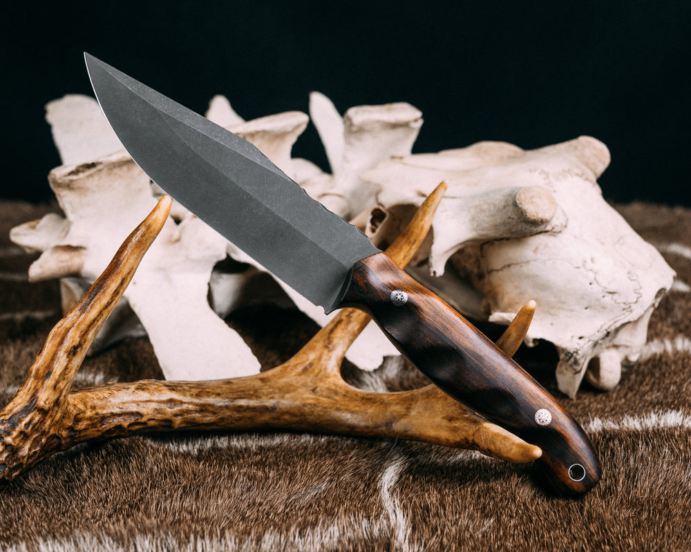 Crow Scout Drop Point- Desert Ironwood, Mosaic Pins, Silver Lanyard Pin, Grooved Grip